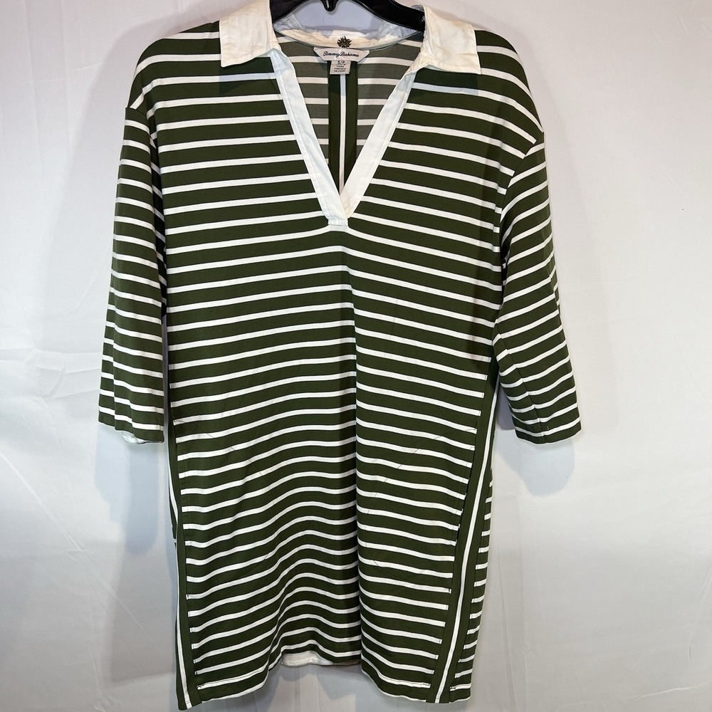 Tommy‎ Bahama Striped TShirt Dress Green Size Medium Collared Long Sleeve Preppy